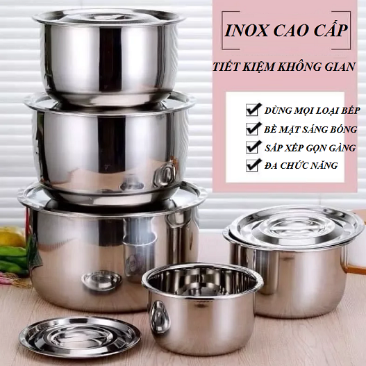 Bộ 5 Nồi Inox Cao Cấp, 5 Size Khác Nhau. Inox Sáng Bóng - Tiện Lợi - Gọn Gàng - Đa Năng. Đức Nhung Store