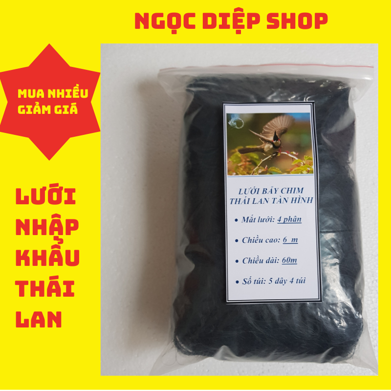 Combo 2 tay lưới tàn hình 4 phân 60m lưới bẫy chim ri, sắc ô, khuyên mắt 4 phân cao 6m 5 dây 4 túi