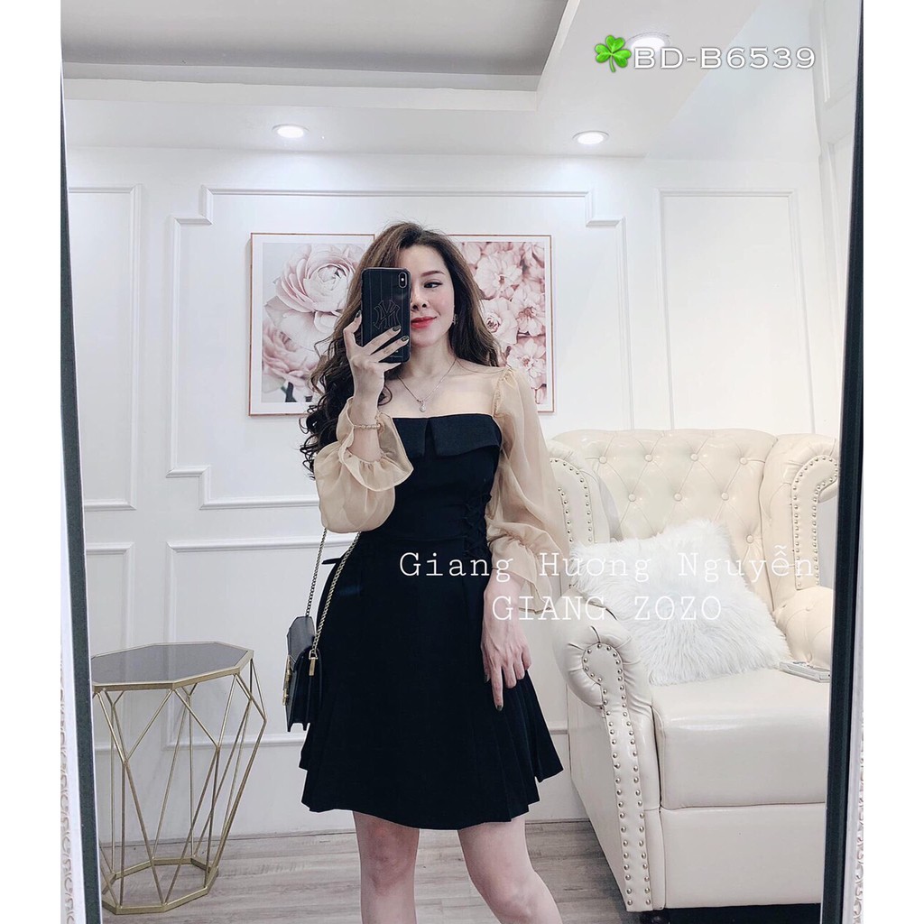 Đầm xòe đan dây tay vol dài ống loe cổ chữ u dutiec15