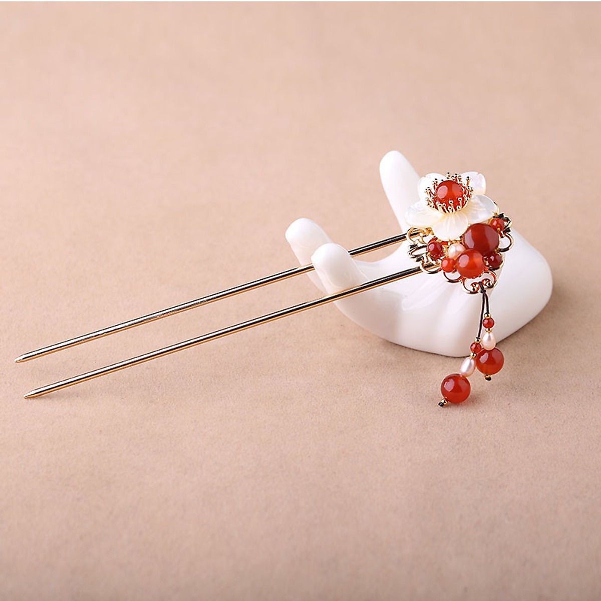 TD008 Trâm Cài Tóc Mã Não Hoa Đỏ Ngọc Trai Trắng Đính Hoa Xà Cừ Vỏ Trai Biển Hợp Kim Chống Gỉ Phong Cách Cổ Trang Cổ Điển 13cm
