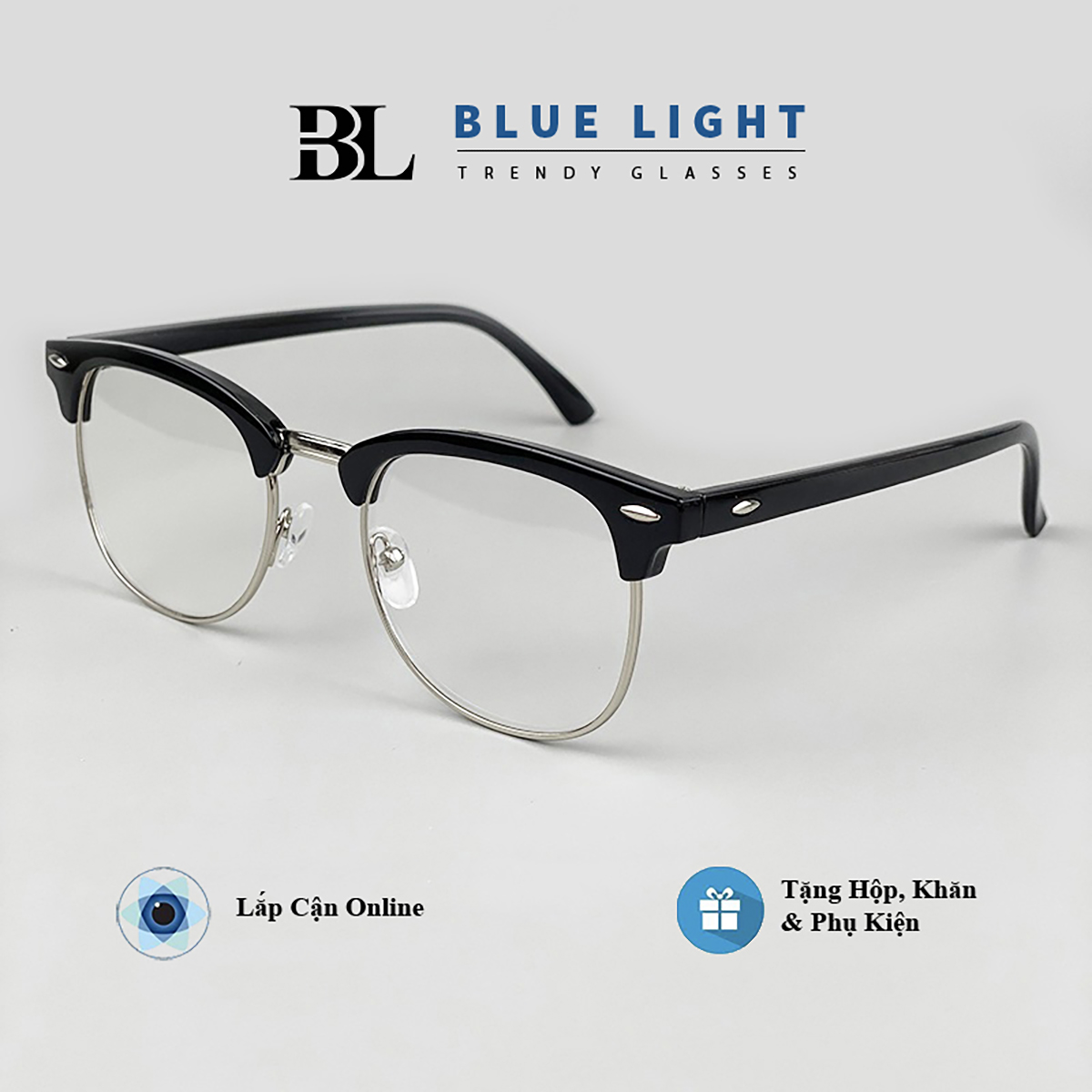 Kính Giả Cận, Gọng Kính Cận Nam Nữ Clubmaster Tròn Đen Bạc Không Độ Hàn Quốc - BLUE LIGHT SHOP