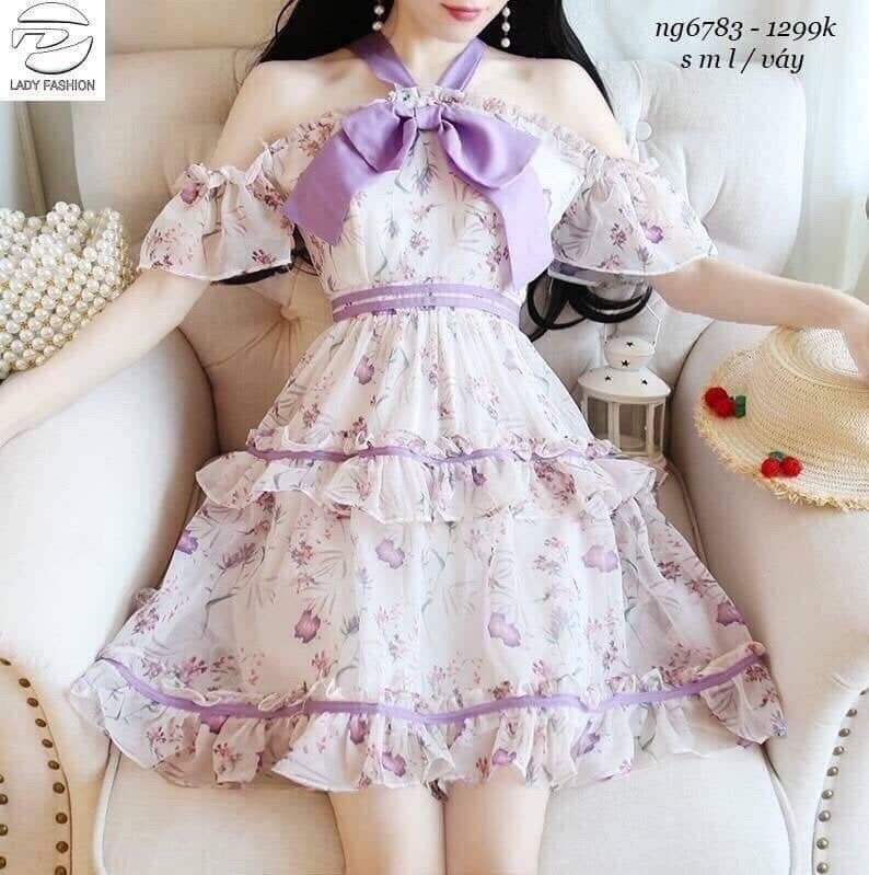 Đầm xòe nữ cao cấp phối nơ cột dây,hàng đang ăn khách 2019