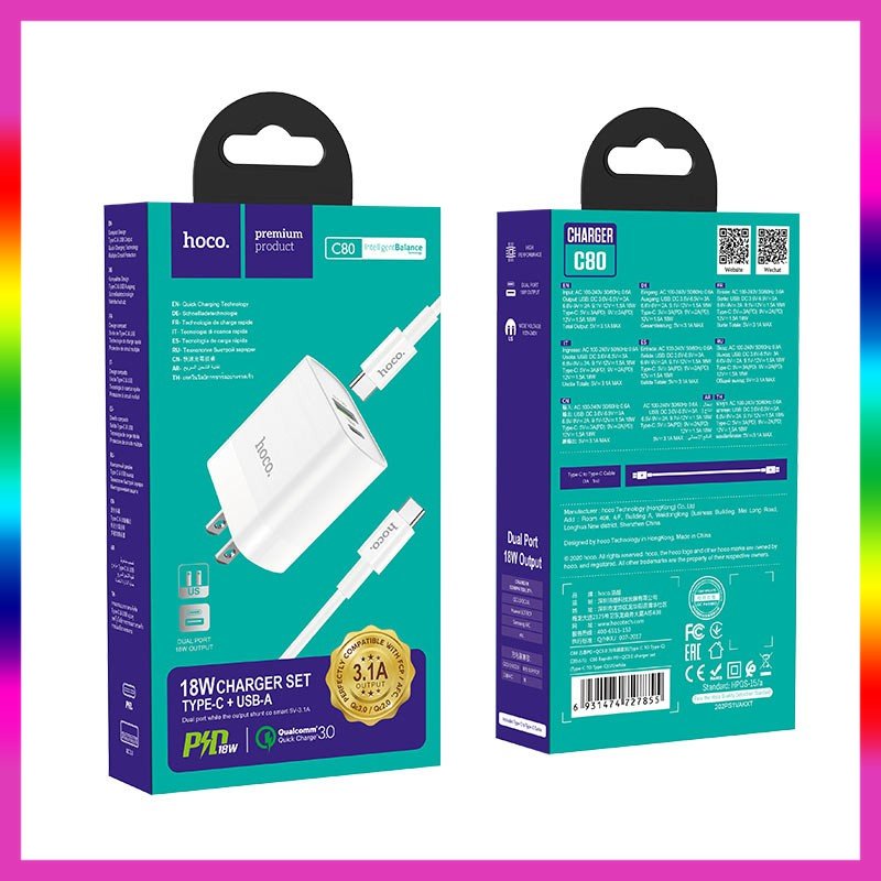 Bộ sạc h0c0 c80/c80a sạc nhanh qc3.0 pd20w 2 cổng sạc usb và typec dây cáp typec to lightning/typec to typec