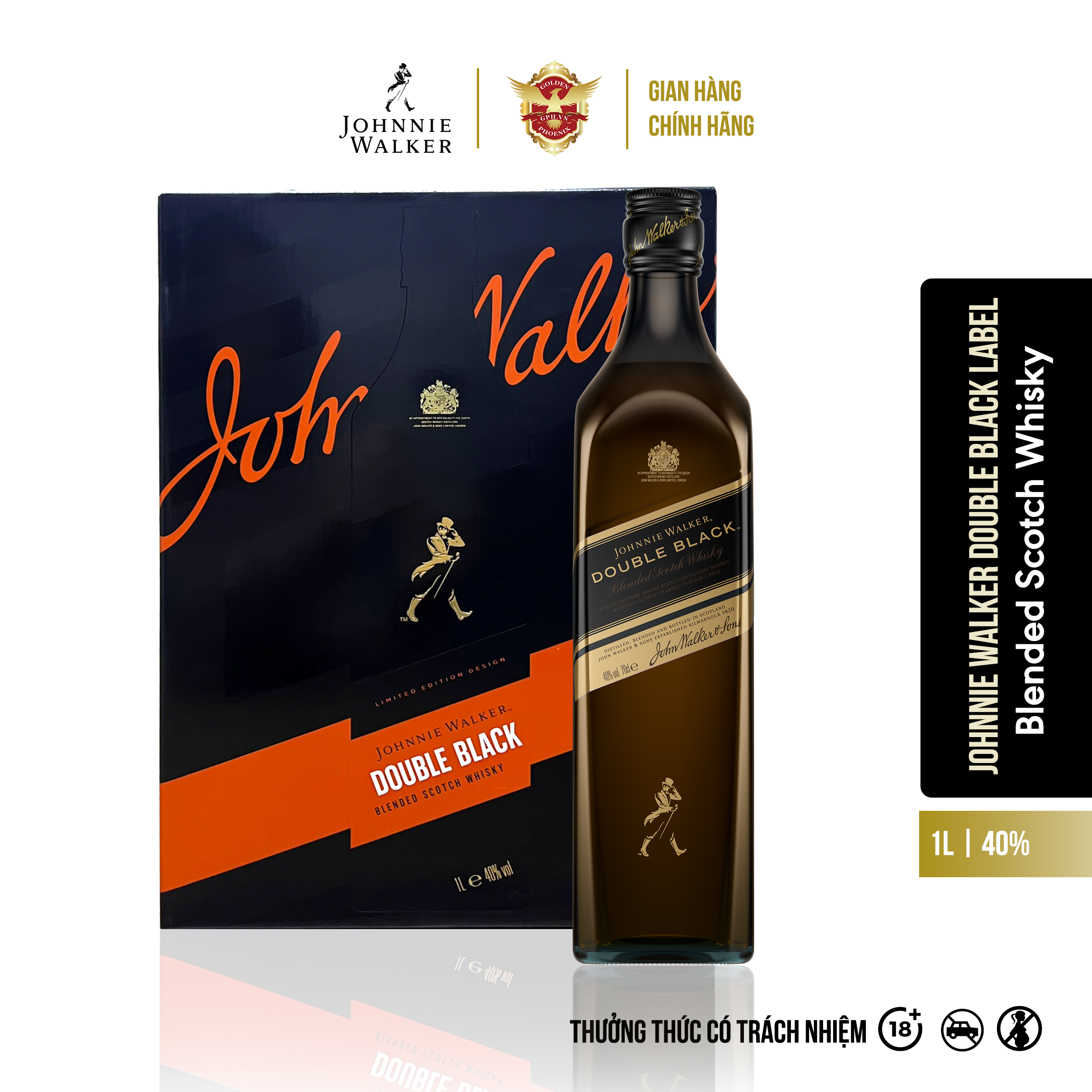 Hộp quà rượu johnnie walker double black label blended scotch whisky 40% 1l - rượu whisky vị khói đậm đà & mạnh mẽ