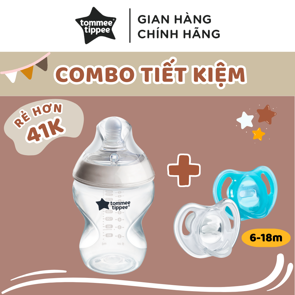 COMBO Ty ngậm silicon siêu nhẹ Tommee Tippee Ultra Light & Bình sữa ty siêu mềm Tommee Tippee Closer to Nature 260ml