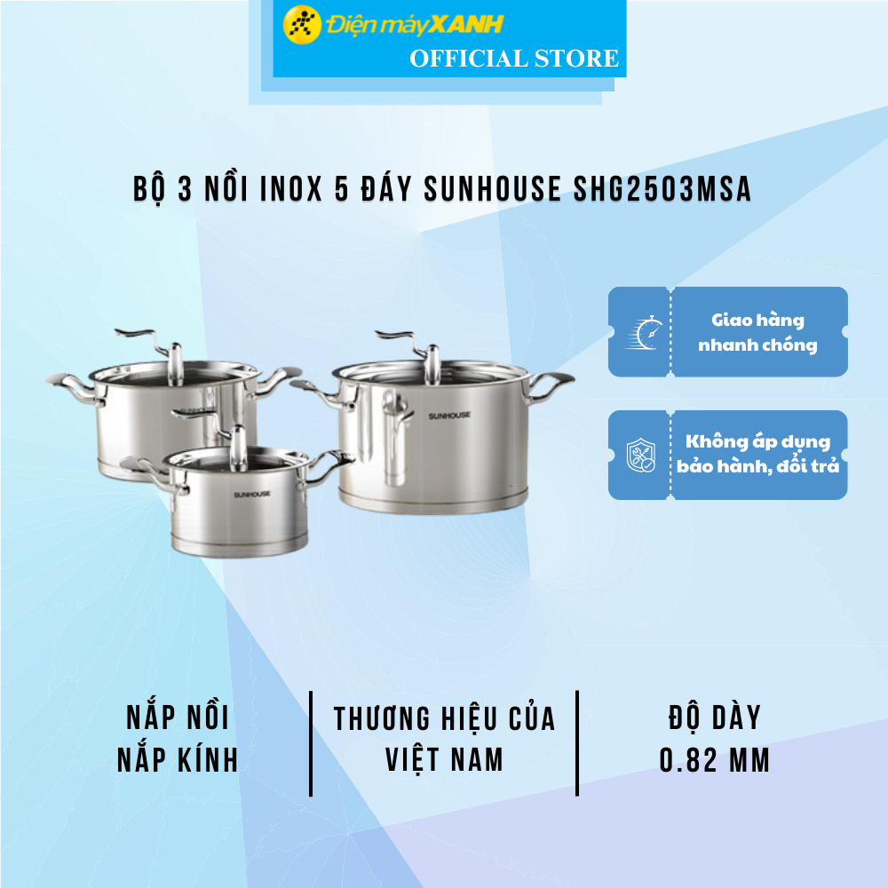 Nồi inox 304 5 đáy nắp kiếng sunhouse shg2503msa - bộ 3 cái bạc - hàng chính hãng