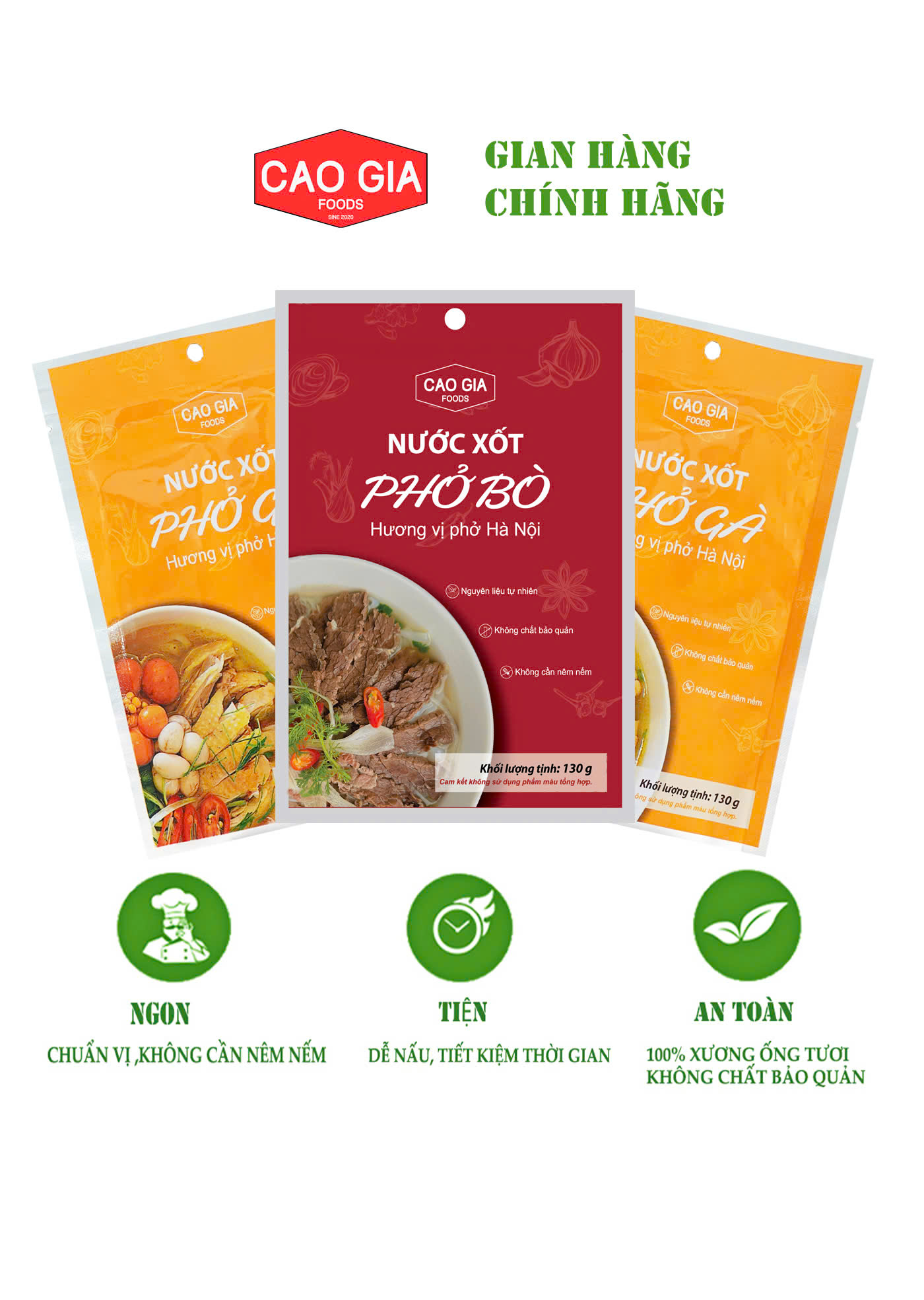 Xốt Phở Bò & Gà - Cao Gia Foods - Combo Đặc Biệt 1 Bò + 2 Gà - 130g - Hương Vị Đặc Trưng, Dễ Sử Dụng
