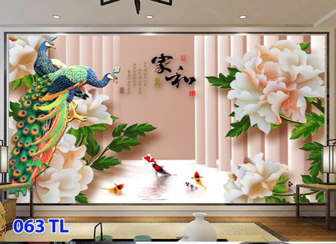 Tranh Dán Tường 3D, Tranh Phòng Khách Ngủ Đôi Công Hoa Sang Trọng,63TL