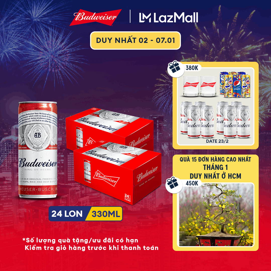 27.1 TẶNG 2 LỐC BUDWEISER1 PEPSI2LY Combo 2 Thùng 24 Lon Bia Budweiser