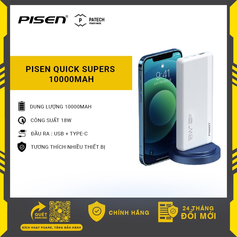 [20H 6/7 - 9.7 Nhập 77LAZSOCIAL80K Voucher giảm 12% đơn từ 250K tối đa 80K]Pin sạc dự phòng PISEN Quick SuperS 10000mAh, sạc nhanh, an toàn, công suất sạc 18W, tương thích mọi thiết bị, model: LS-DY09, màu trắng - Hàng chính hãng, bảo hành 24 tháng (Pisen