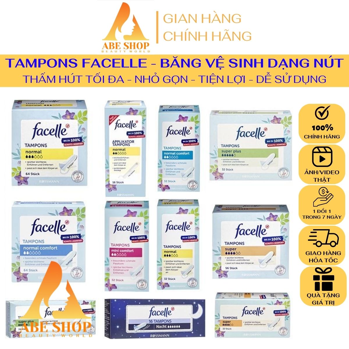 Băng vệ sinh tampons facelle - jessa - siêu thấm hút - siêu nhỏ gọn - dạng nút chai - hàng nhập khẩu đức