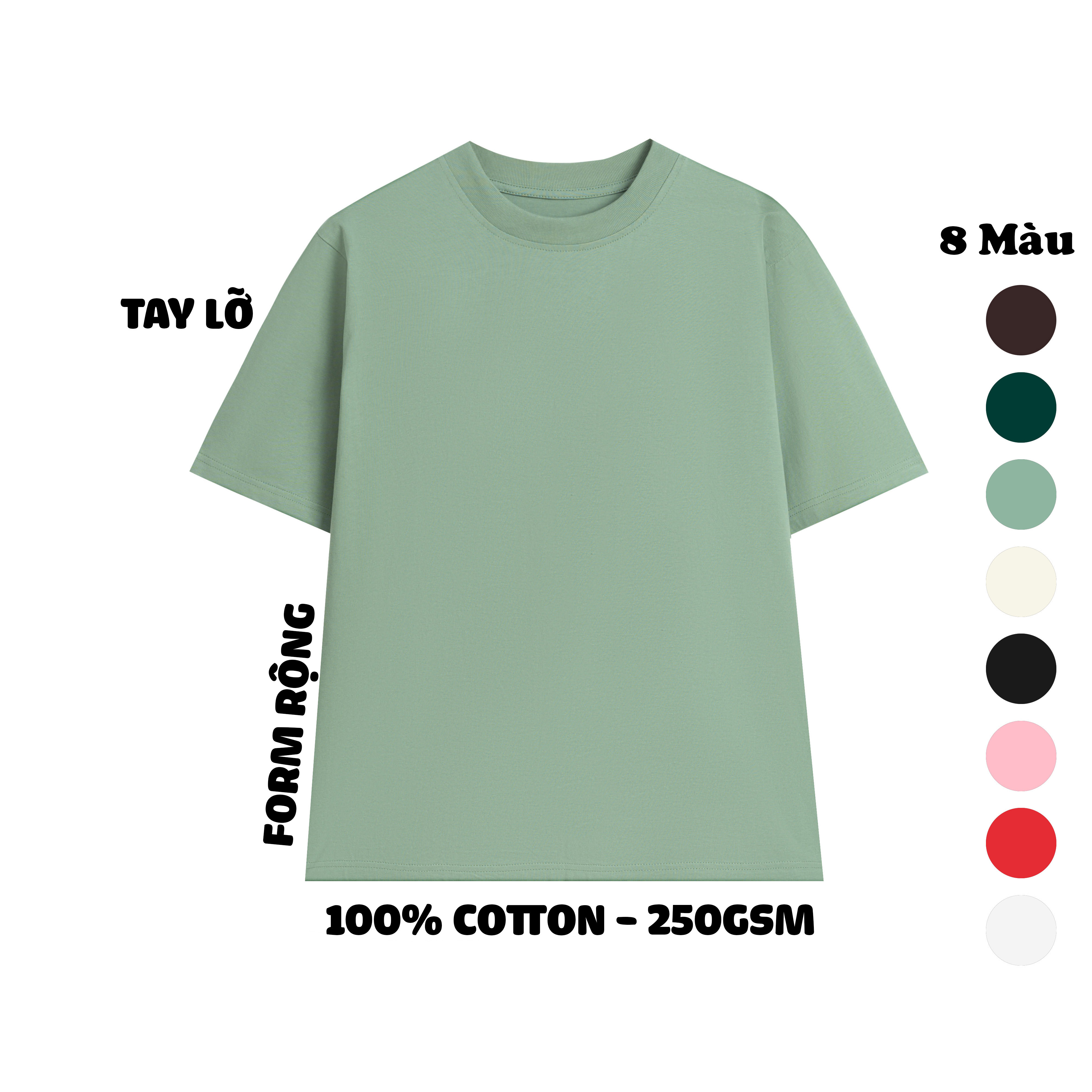 Áo phông trơn tay lỡ cotton 100% 250GSM dày dặn basic form rộng oversize