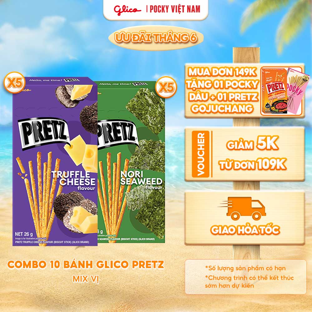 Combo 10 Hộp Bánh Que Snack Nướng Giòn PRETZ ROCKSTAR Mix Vị - 26G/Hộp (5 Rong Biển Nori - 5 Phô Mai Nấm)