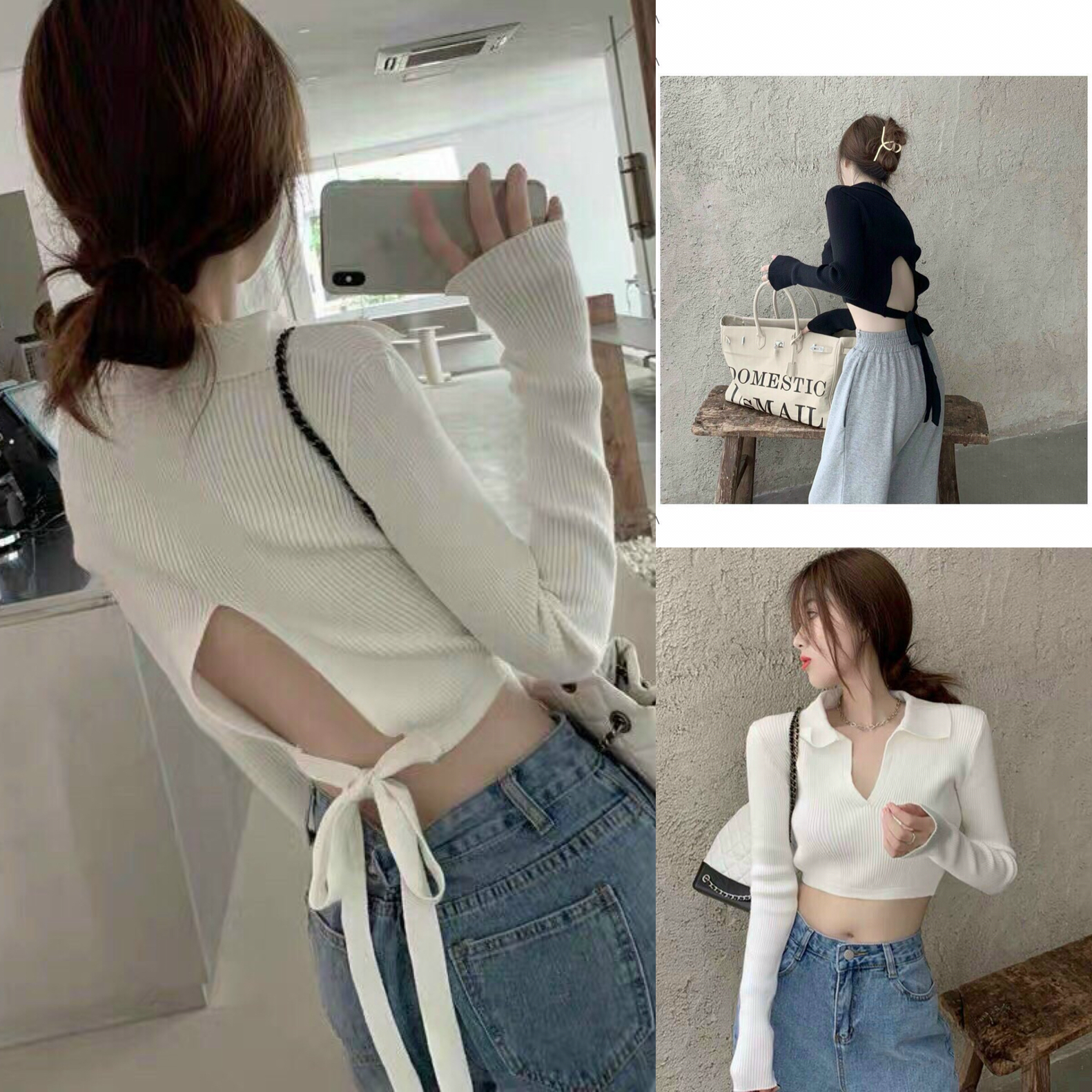 Áo thun nữ tay dài khoéc lưng cột nơ