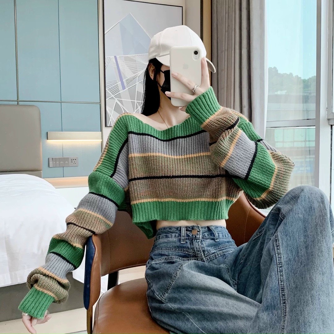 Áo len nữ mùa đông croptop áo len mùa đông ấm áp sọc xanh, áo mùa đông nữ áo len nữ Hayday shop