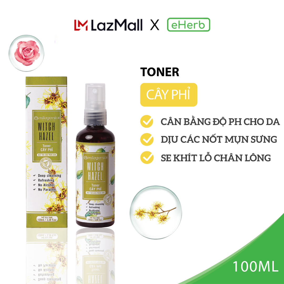 Toner cây phỉ cân bằng độ ph se khít lỗ chân lông & phục hồi da mụn từ chiết xuất cây phỉ milaganics 100ml