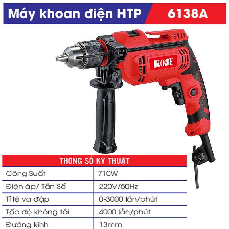 Máy khoan cầm tay công suất 710W, lõi đồng, máy khoan khoan cầm tay được mũi khoan 13mm ở bê tống và thép, máy khoan cầm tay mũi 18mm ở gỗ, Máy khoan KOBE HTP cầm nặng tay - Cơ Khí Liên Sơn