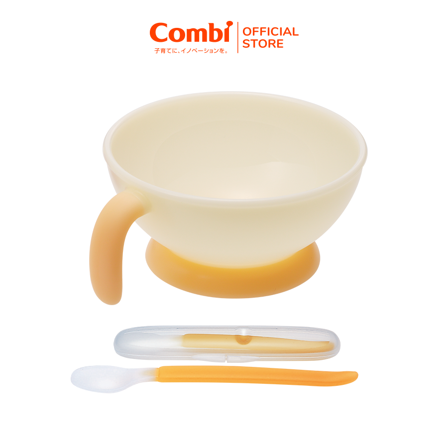 Combo Bát ăn Combi sâu lòng màu cam và Thìa ăn cam kèm hộp Combi