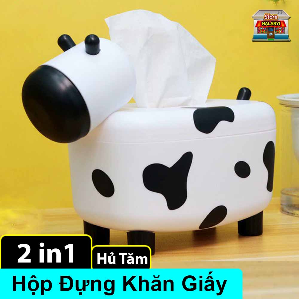 Hộp Đựng Khăn Giấy Để Bàn 2 IN 1 - Hộp Đựng Khăn Giấy Hình Con Bò Sữa, Hộp Đựng Khăn Giấy Nhựa, Hộp Đựng Khăn Giấy Tròn