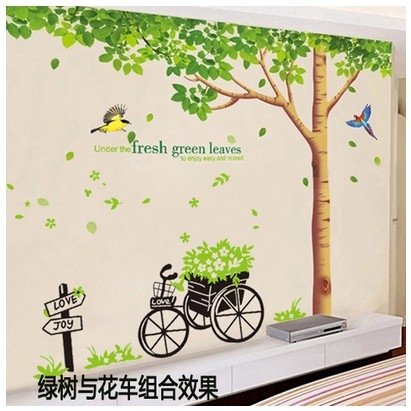 Decal dán tường: Combo cây xanh mát và xe đạp chở hoa