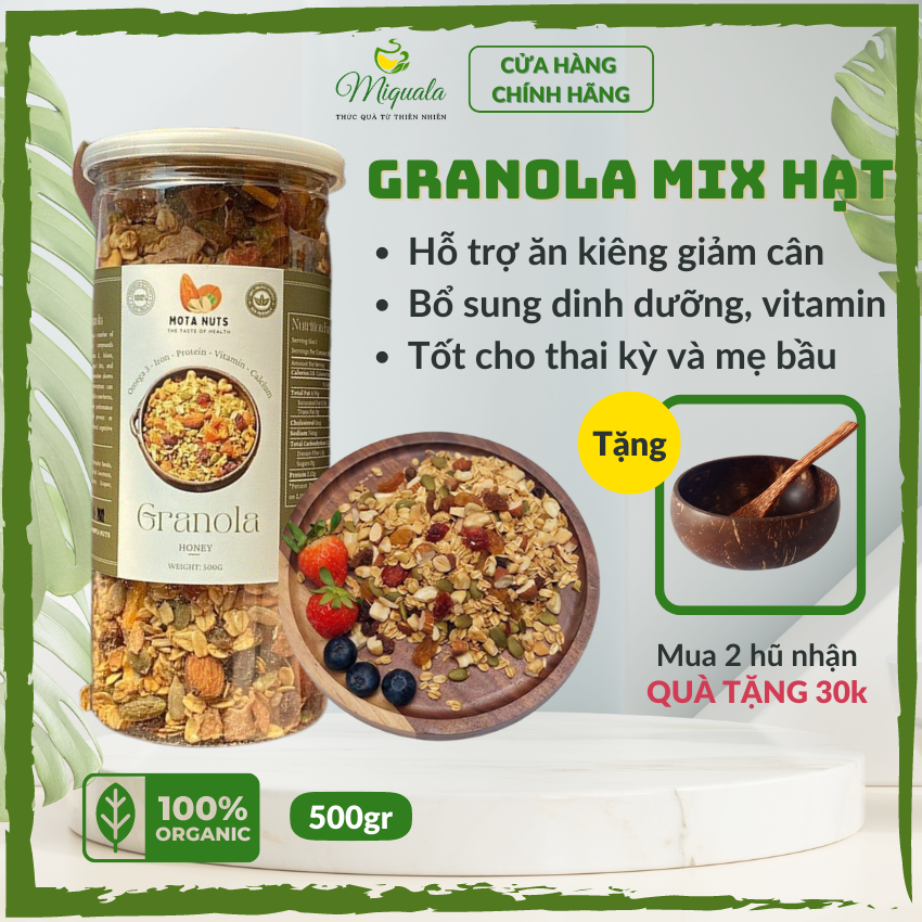 [Freeship+Quà 30k] Granola siêu hạt giảm cân ăn kiêng không đường mật ong 500gr 70% hạt, 30% yến mạch Mota Nut - Eatclean, bổ sung dinh dưỡng cho bà bầu - Mua 2 tặng 1 bộ bát muỗng gáo dừa 30k | Miqual