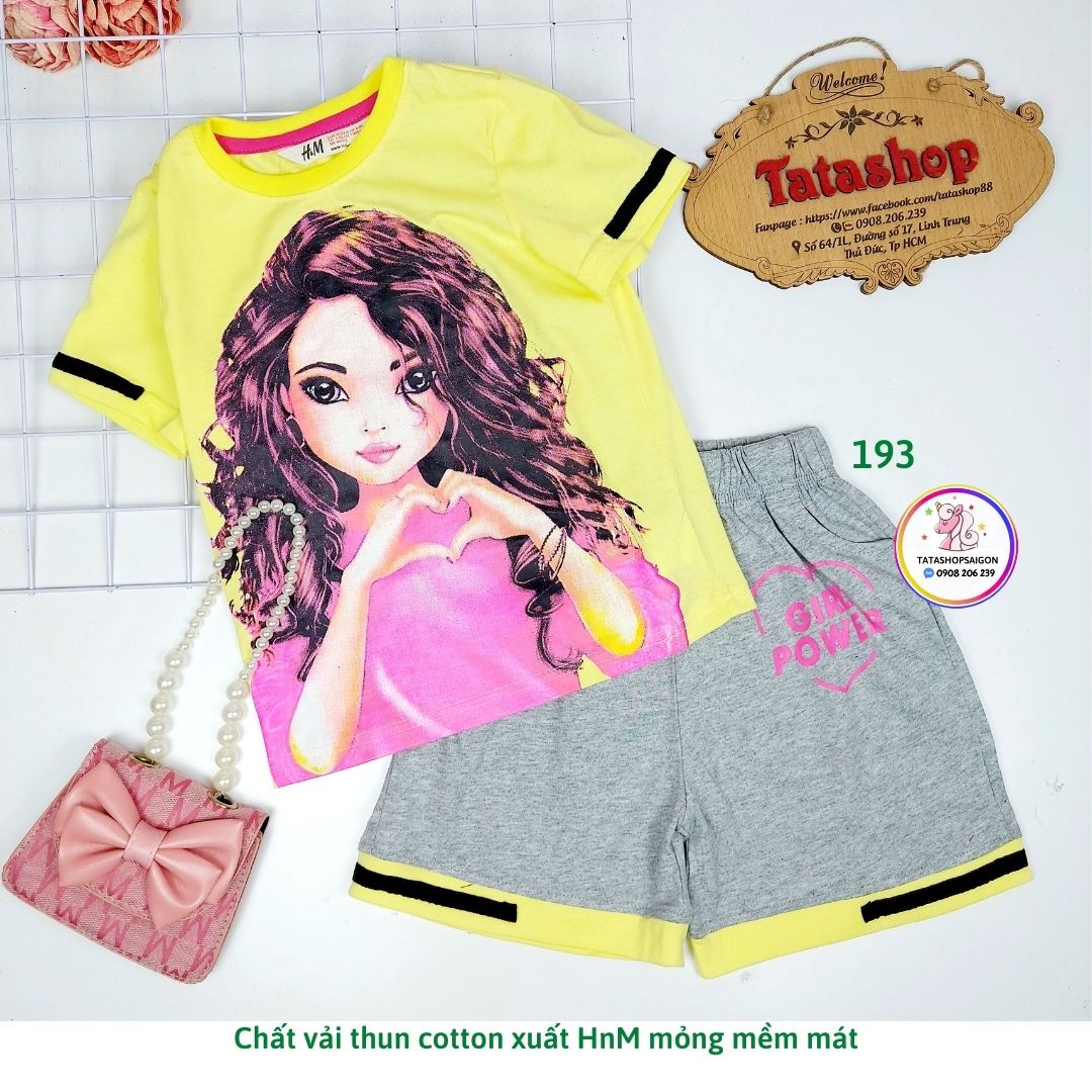 16 đến 36kg - Đồ bộ bé gái thun cotton xuất VNXK - Bộ đùi bé gái size đại in hoạt hình công chúa 193