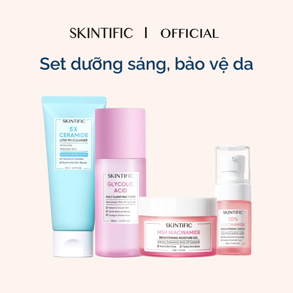 Skintific dưỡng sáng bảo vệ da 4 pcs sữa rửa mặt + tinh chất dưỡng trắng + kem dưỡng trắng msh niacinamide + toner aha