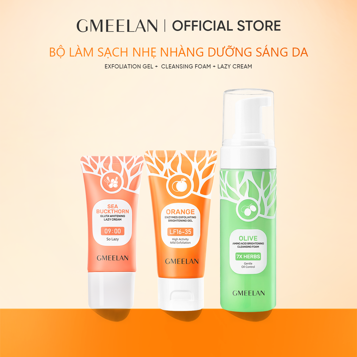  3PCS KITS GMEELAN Gel Tẩy Tế Bào Chết Da Mặt 50g+Lazy Cream Kem cho người Glutathione 30g+SỮA RỬA MẶT TẠO BỌT LÀM SẠCH Ô LIU 150ml 