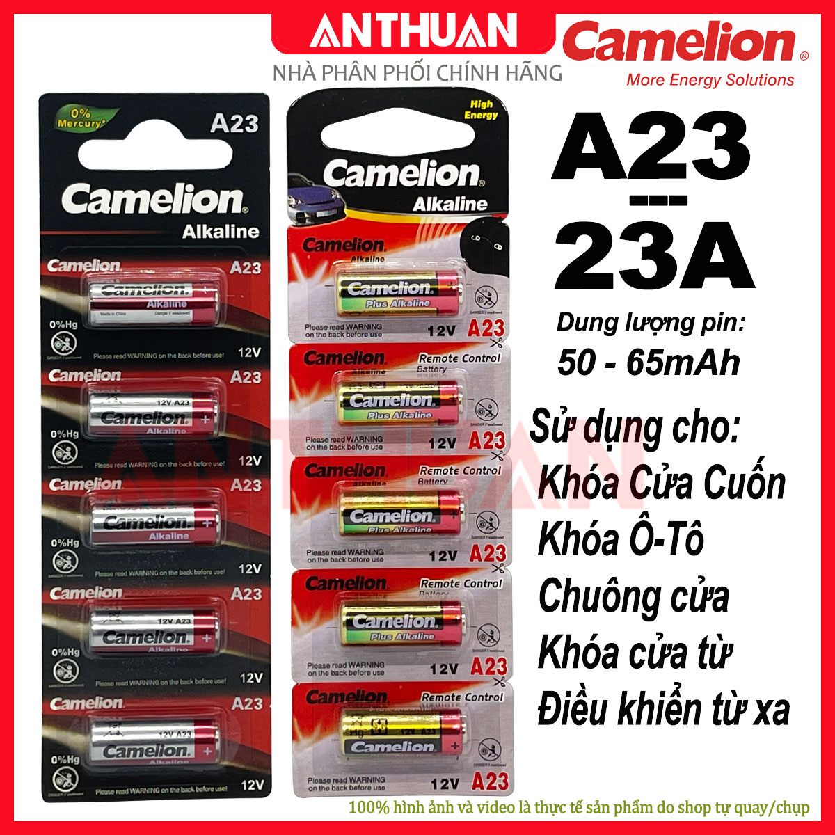 CHÍNH HÃNG-Pin cửa cuốn, chuông điện, điều khiển oto A23 - 23A Camelion Plus Alkaline 12V. Dung lượng chuẩn - Vỉ 5 viên