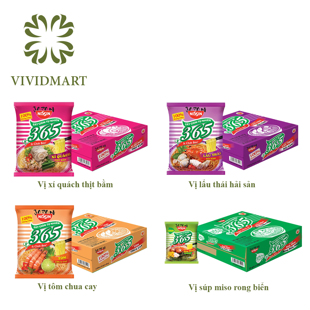 Mì Nissin] [Thùng 30 gói] MÌ 365 KHÔNG CHIÊN 4 VỊ: XÍ QUÁCH THỊT BẰM, TÔM  CHUA CAY, LẨU THÁI HẢI SẢN, SÚP MISO RONG BIỂN NHẬT – NISSIN 