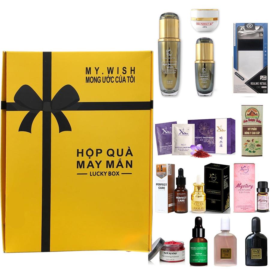 Hộp quà tri ân khách hàng Lucky Box XBeauty. Mua là có quà, cơ hội trúng ngay nước hoa, serum mụn, ốc sên và hàng trăm sản phẩm khác từ thương hiệu XBeauty