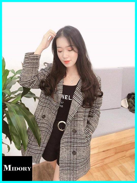 Áo dạ nữ, Áo dạ cao cấp dáng đẹp, Áo dạ kẻ nhiều cúc chất đẹp