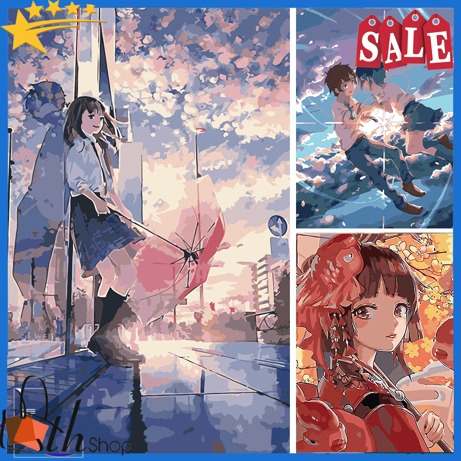 [CỠ LỚN- SẴN KHUNG] Tranh sơn dầu số hóa tự tô nhân vật anime cô gái kimono- Tranh tô màu theo số- giá luôn tốt - đã căng sẵn khung 40 x 50 cm