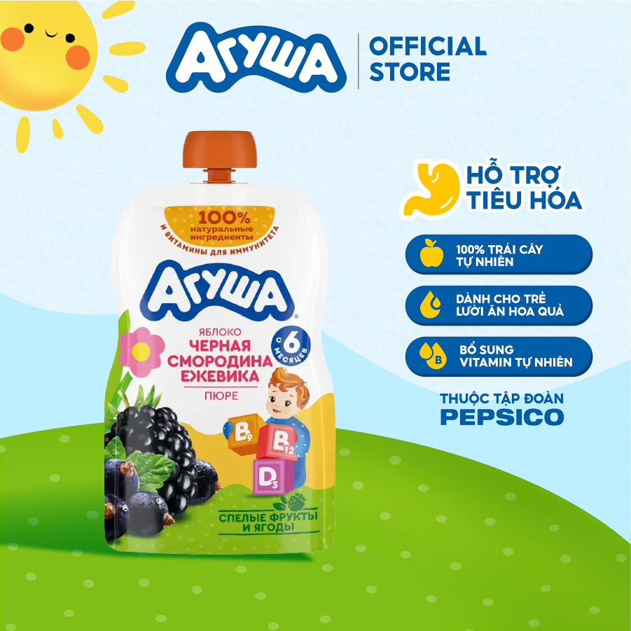 Trái Cây Nghiền bổ sung Vitamin hỗ trợ tiêu hóa vị táo,mâm xôi đen,nho đen Agusha 80g/túi