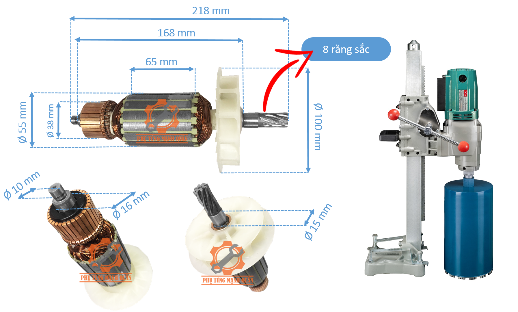 Rotor/ruột máy khoan rút lõi bê tông DCA AZZ02-200S tặng kèm chối than cao cấp