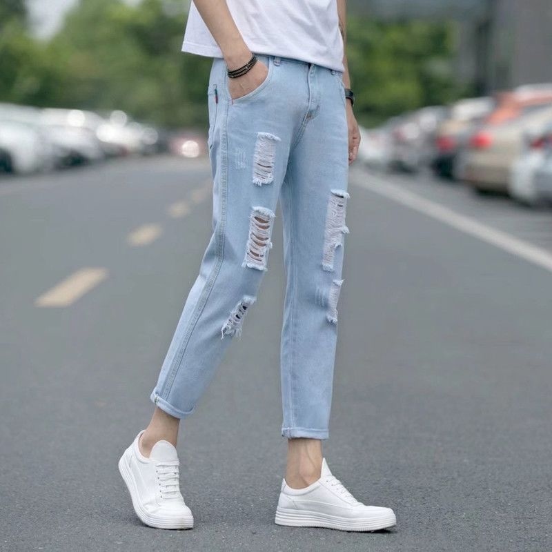 Summer Thin Section Nine Points Light Blue Jeans Stretch Feet Pants Men's  Cultivate One's Morality Man Han Edition Popular Logo Beggar Hole | Lazada