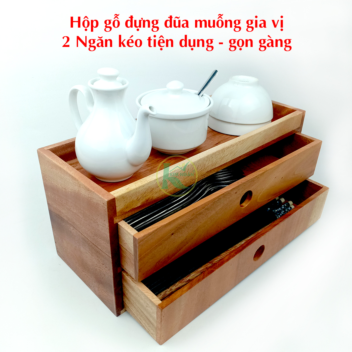 Hộp đựng đũa muỗng nĩa gia vị bằng gỗ 2 tầng ngăn kéo dành cho nhà hàng - quán ăn gia đình