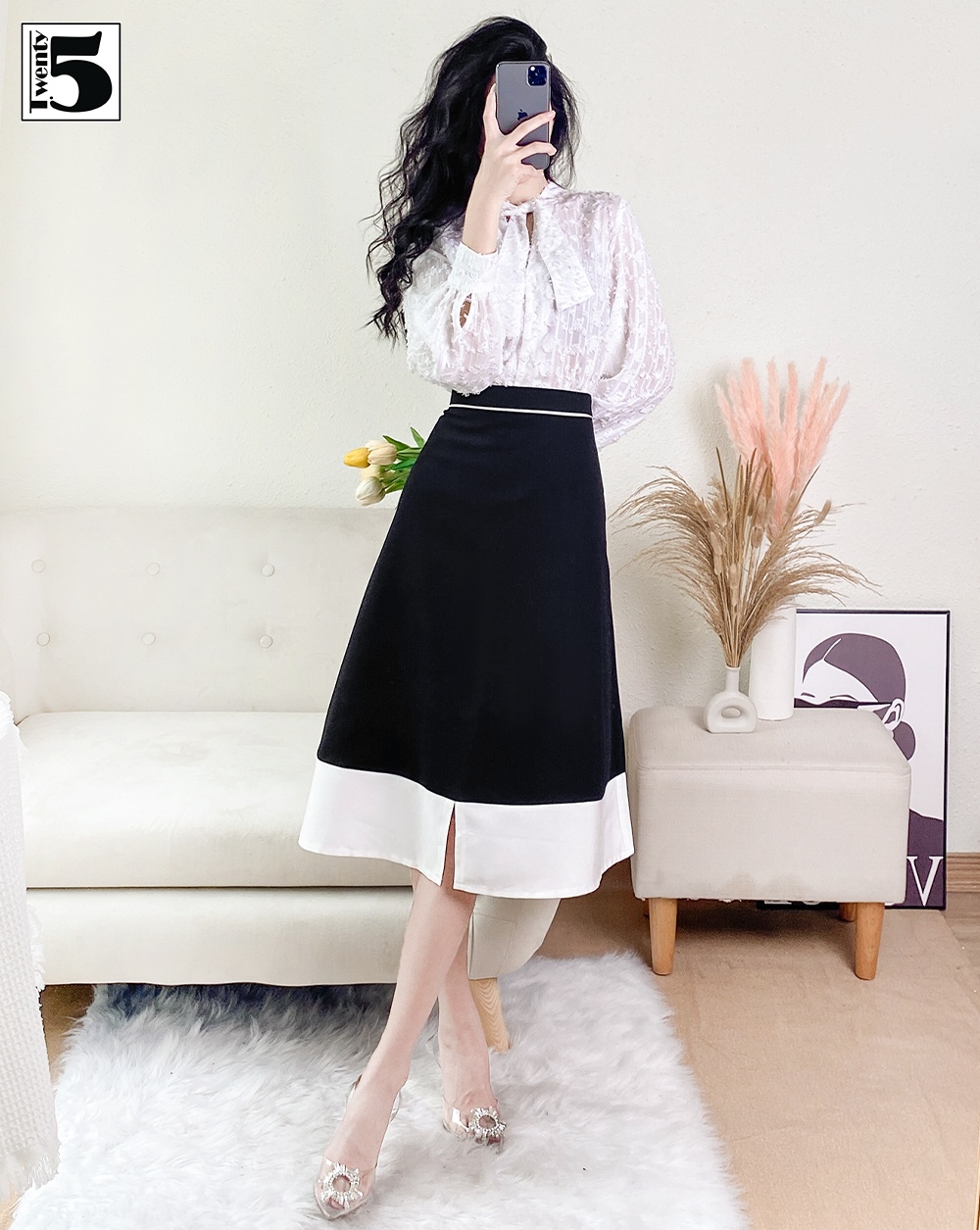 Chân váy dài, phối viền, xẻ tà Twenty.Five SC53