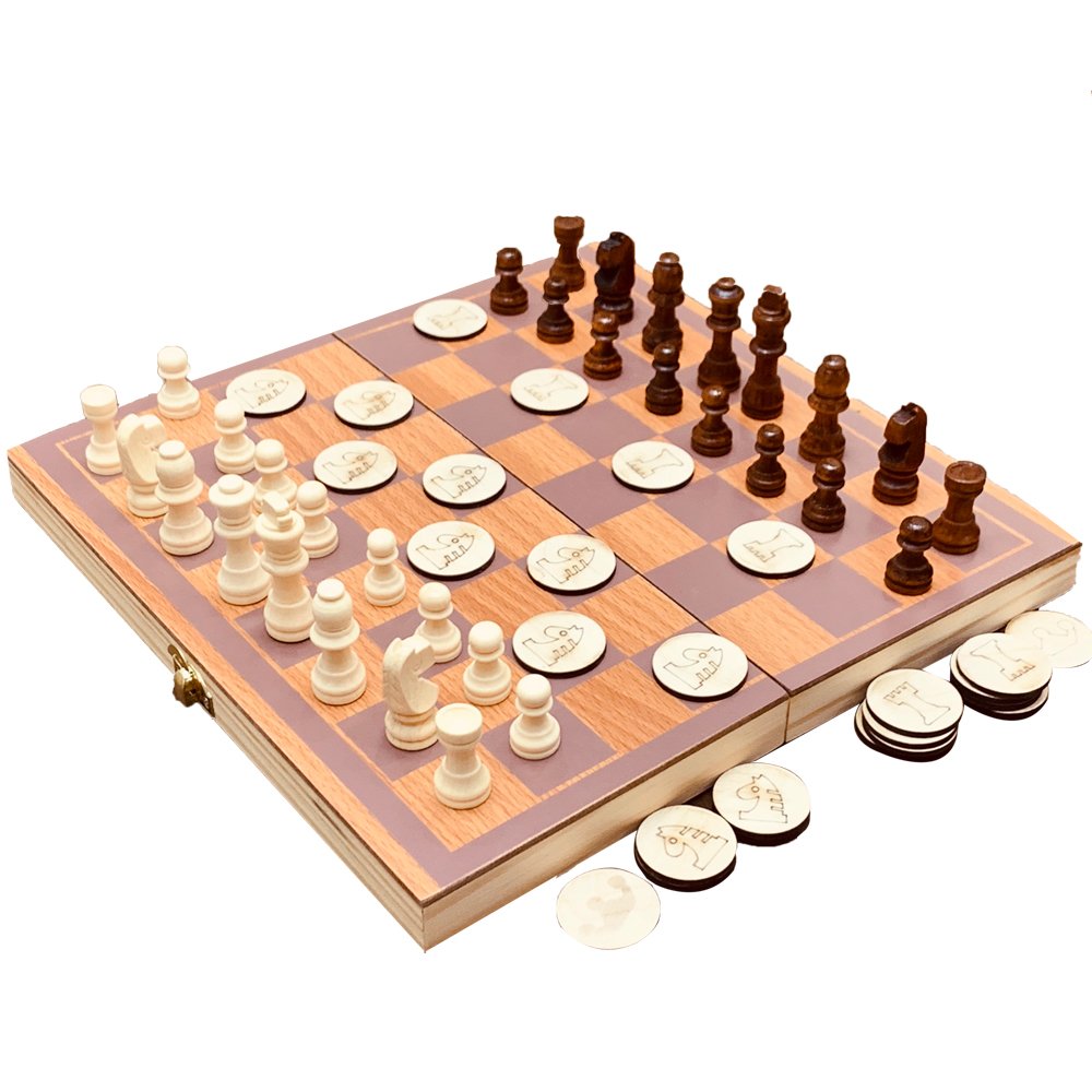 Đồ Chơi Trí Tuệ Trẻ Em, Bàn Cờ Vua Bằng Gỗ Kết Hợp Cờ Đam Cho Bé Phát Triển Tư Duy Chiến Thuật, Đồ Chơi Gỗ Thông Minh