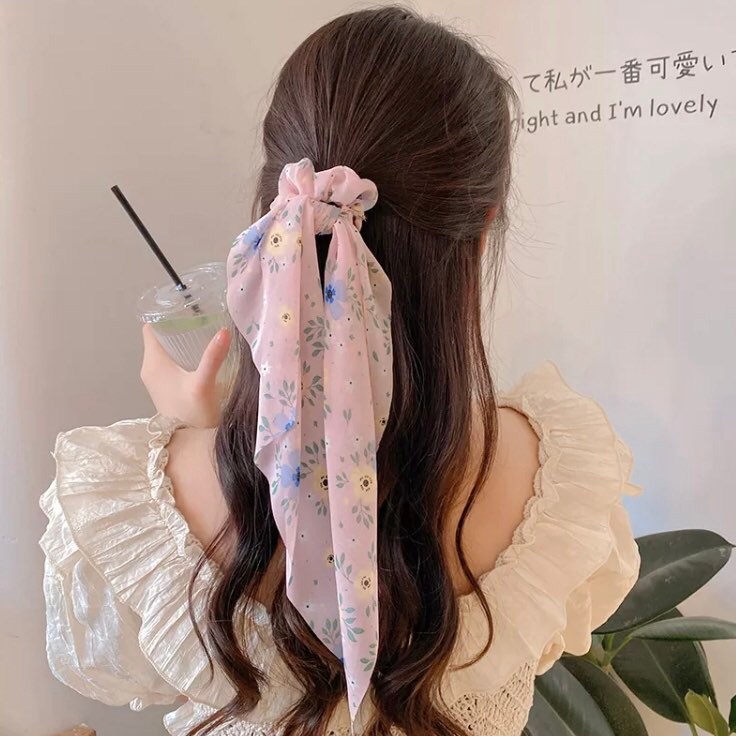 Cột tóc scruchies nơ dài hoa - Dây buộc tóc lụa