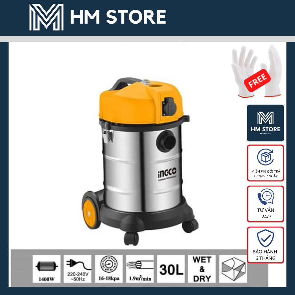 30L MÁY HÚT BỤI INGCO 1400W - TẶNG ĐỦ BỘ PHỤ KIỆN - HÀNG CHÍNH HÃNG - VC14301