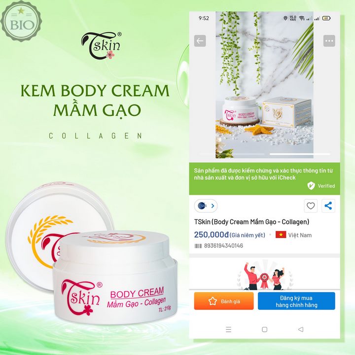 Kem body trắng da toàn thân, làm dịu da, nâng tone mầm gạo tskin hàn quốc