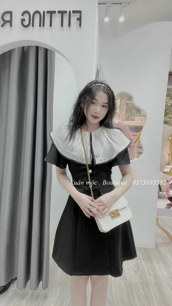 Đầm tiểu thư tay ngắn cổ bèo, đầm retro sang chảnh, đầm chữ A đính nút, đầm đen mặc đi chơi tay ngắn, váy xòe cổ voan bèo thanh lịch