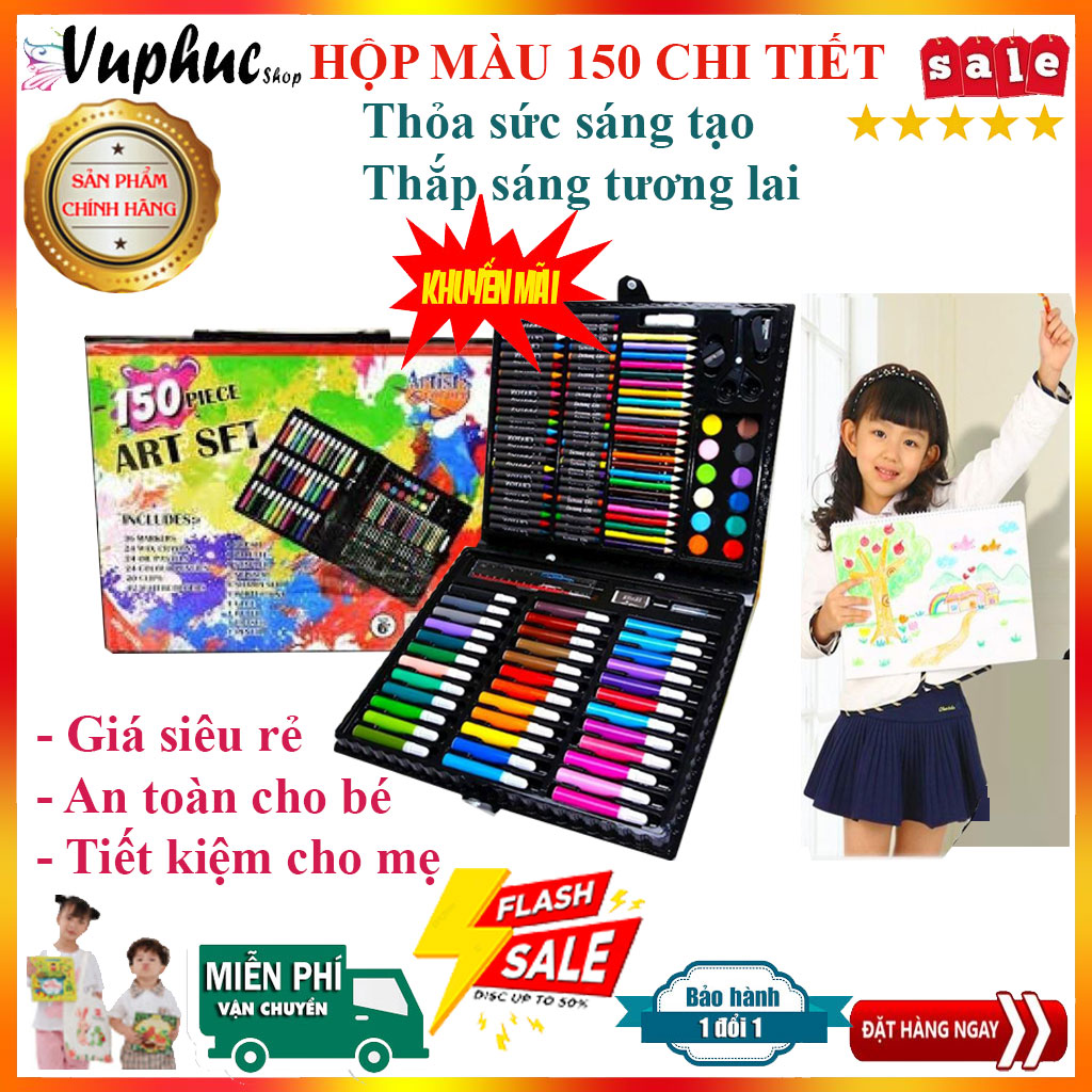 Hộp Màu 150 chi tiết cho bé, học sinh an toàn không độc hại, nhiều màu độc đáo, hộp màu khổng lồ, có bút màu vẽ, bút màu tô, bút chì, kéo, tẩy, bút sáp màu, hộp màu đa năng siêu cute làm quà tặng cho bé yêu. Shop có bán tô màu 9999.