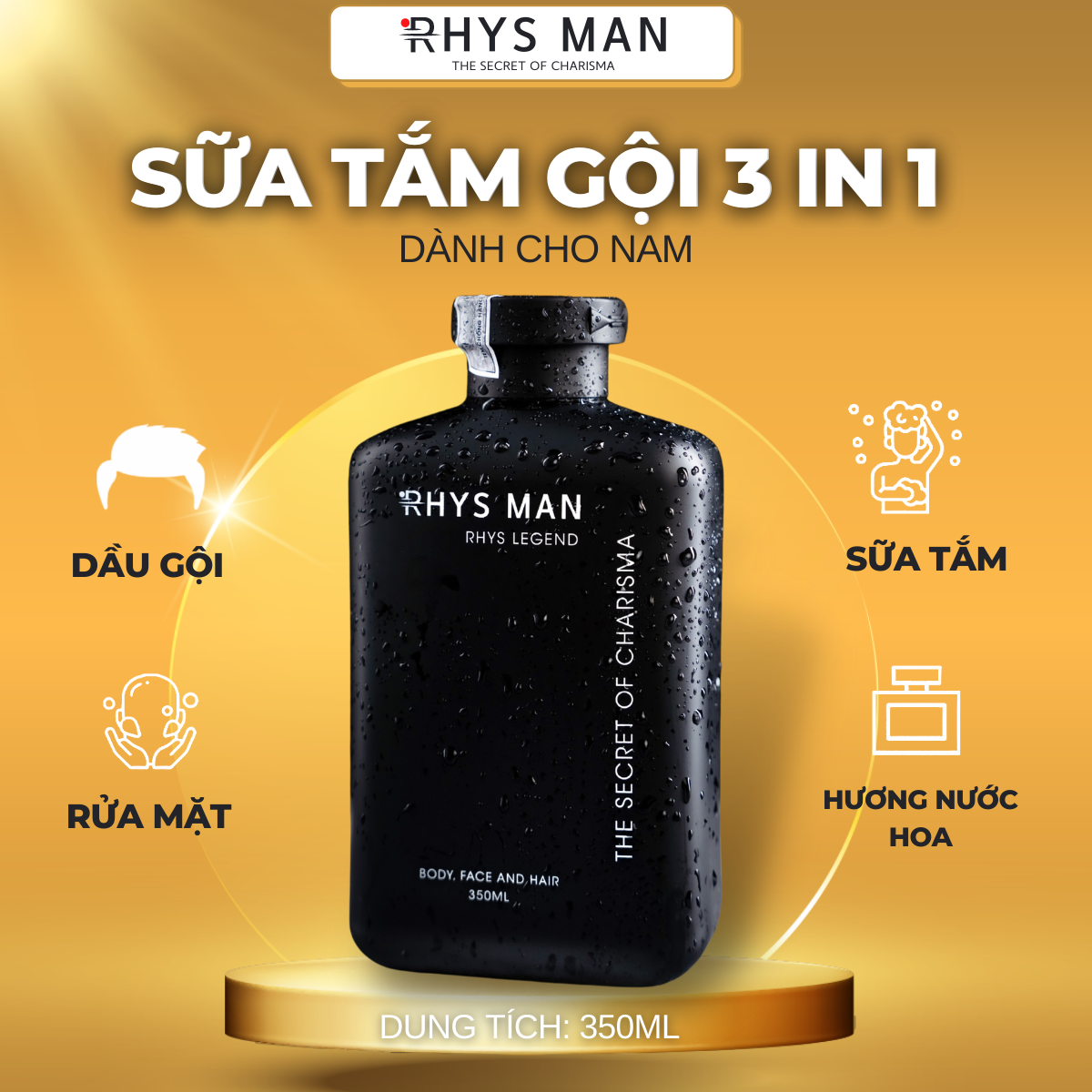 [Freeship và Hoàn tiền]Sữa tắm gội nam RHYS MAN hương nước hoa 3 in 1 Rhys Legend 350ml - Hàng chính