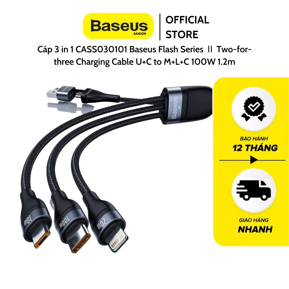 Cáp sạc nhanh 3 in 1 baseus cass030101 từ usb + type c sang micro + lightning + type c 100w 1.2m, qc 4.0 cho macbook, smart phone
