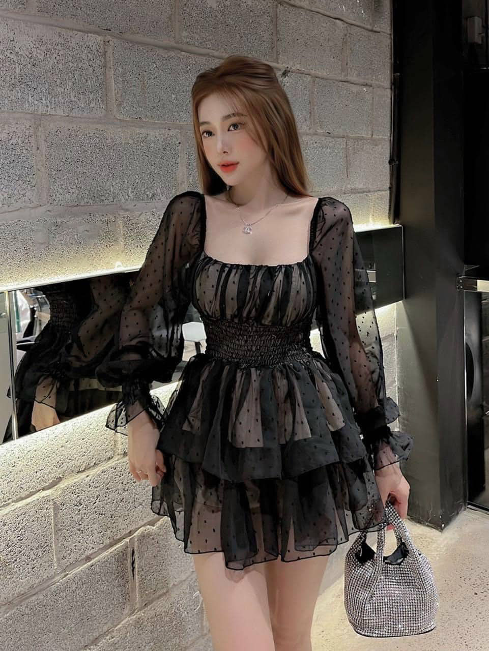 Đầm nữ lưới chấm bi tay dài chất vải lưới bi kèm lót thời trang HARI