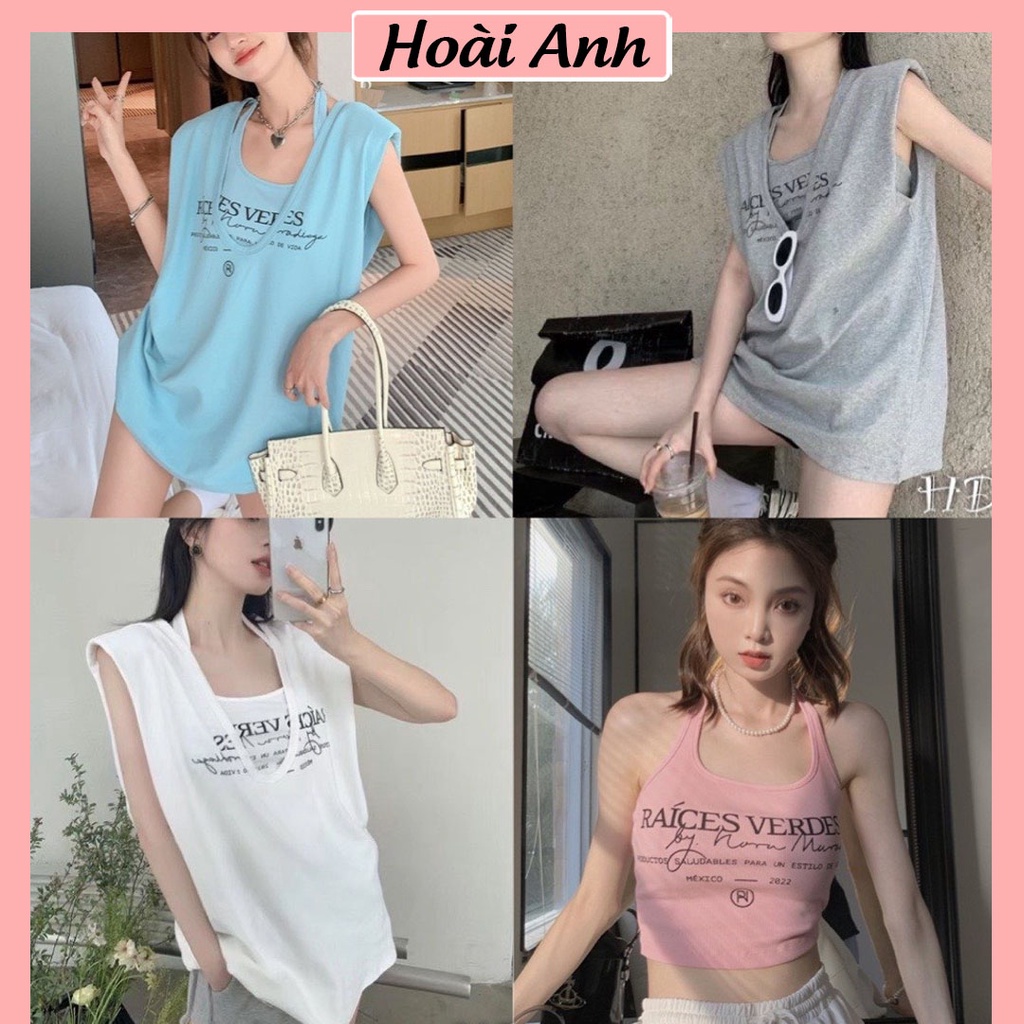 Set bộ áo tanktop 3 lỗ kèm áo croptop in chữ chất cotton mịn co giãn freesize
