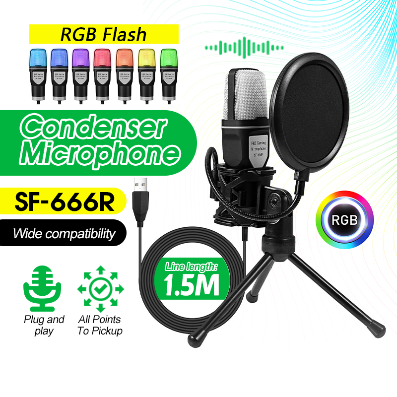 Mic thu âm livestream,Mic livestream có màng lọc âm,micro để bàn SF666R có đèn led,sử dụng cho Laptop, PC Chân Đỡ Để Bàn