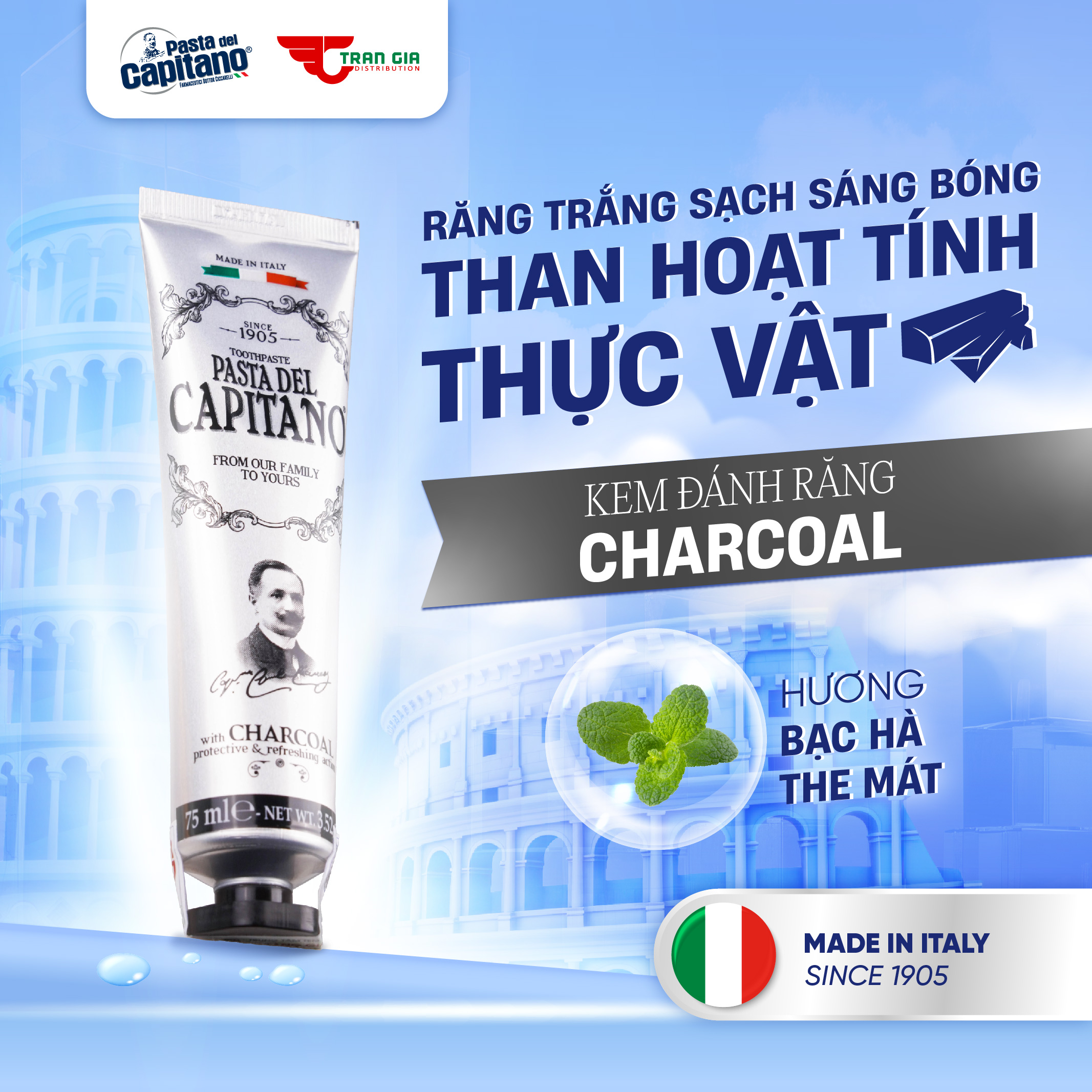 Kem đánh răng than hoạt tính capitano tái khoáng men răng bảo vệ răng chắc khỏe 75ml